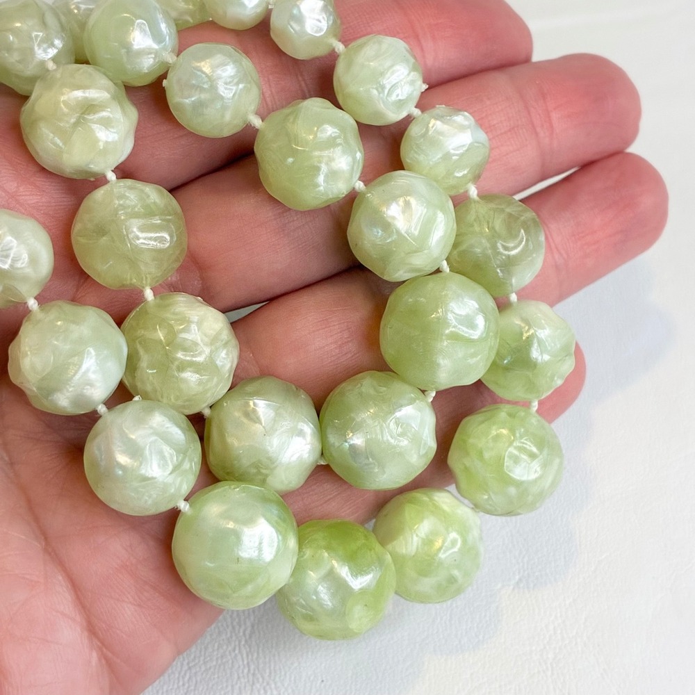 Vintage Acrylic Necklace Light Green Double Strand Faceted Beads Adjustable